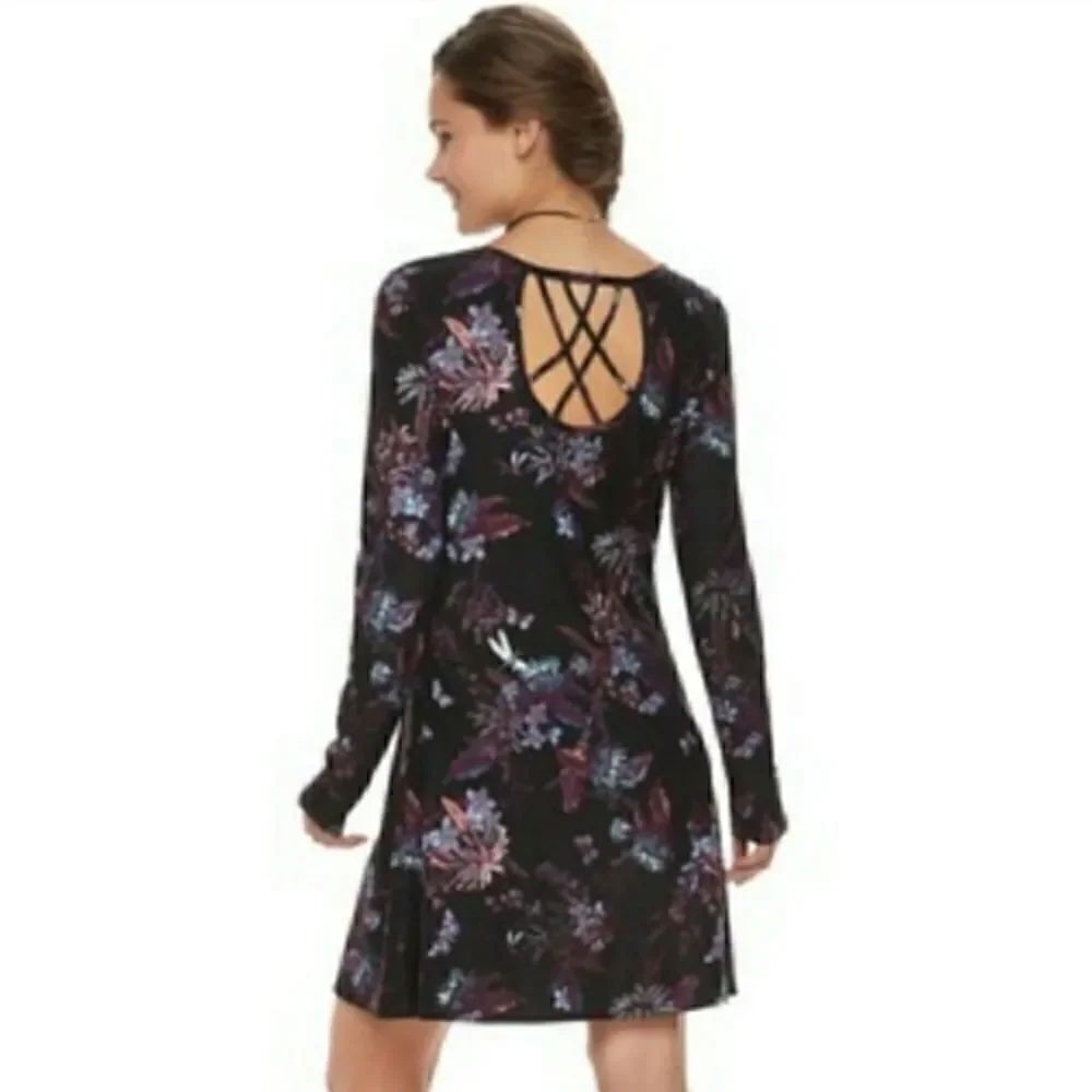 Mudd Black Floral Strappy Back Long Sleeve Dress